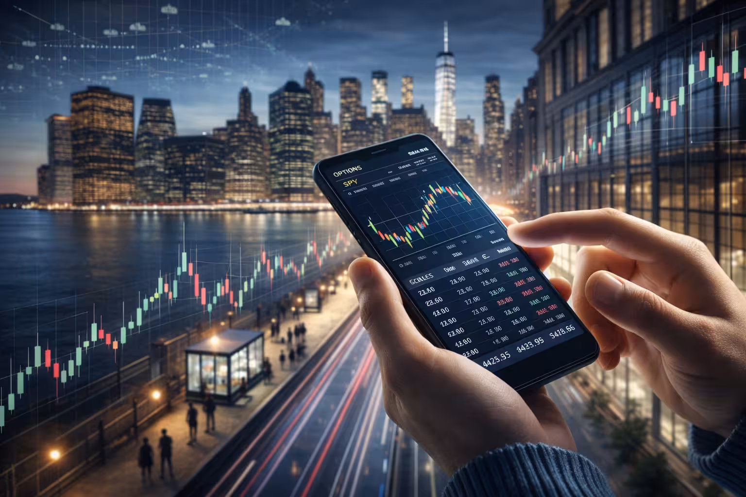 Mobile options trading app showing real-time market charts on smartphone with financial city background.