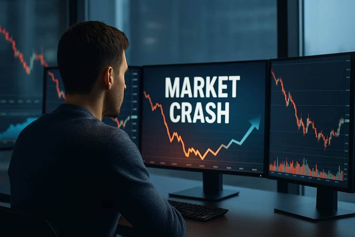 Focused trader analyzing market crash charts on multiple monitors, with an optimistic upward trend showing lessons learned and future growth.