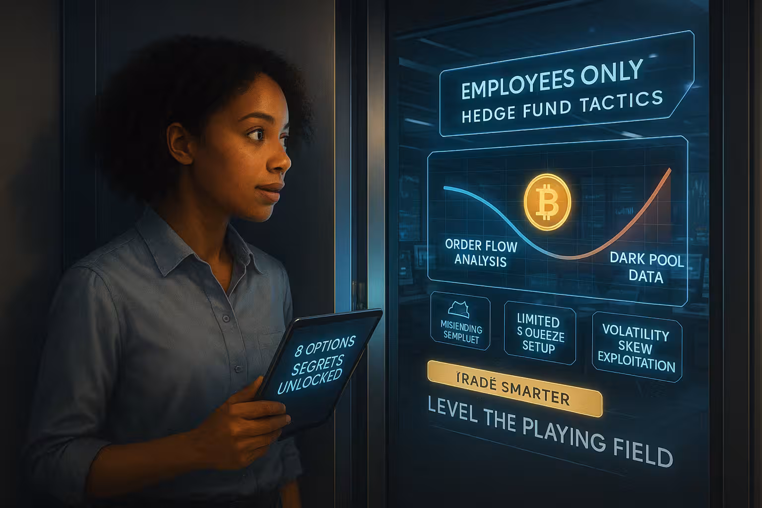 A highly realistic digital illustration of a curious female mixed-race trader standing in front of a sleek, high-tech door labeled “Employees Only – Hedge Fund Tactics.” The door is slightly open, casting a soft futuristic glow onto her face. She’s holding a glowing digital tablet that displays the text “6 Options Secrets Unlocked.” *Inside the door, a cutting-edge trading room is revealed with six floating holographic panels, each glowing with a soft neon aura. The panels are titled: “Order Flow Analysis” “Dark Pool Data” “Gamma Squeeze Setup” “Volatility Skew Exploitation” “High-Frequency Algorithms” “Smart Risk Hedging”* The trader’s expression is focused, curious, and inspired—symbolizing a moment of discovery. The environment is sleek and futuristic, with ambient blue and gold lighting. Subtle transparent overlays across the door read: “Trade Smarter” and “Level the Playing Field.” The overall tone is educational, empowering, and forward-looking—highlighting the unlocking of insider-level knowledge for everyday traders.