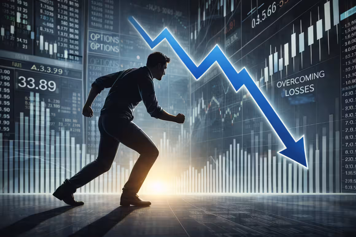 Businessman running toward a downward stock market arrow on trading screens, symbolizing overcoming losses in options trading.