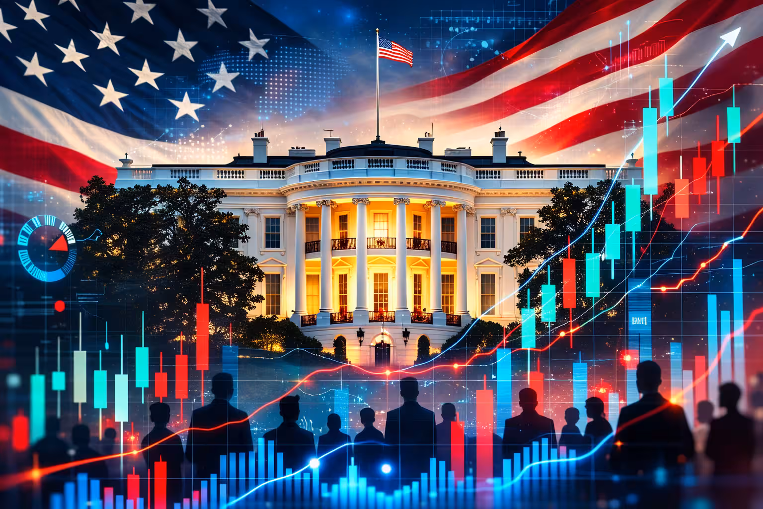 The White House with a large American flag backdrop and rising stock market candlestick charts, illustrating the impact of U.S. government policy and politics on financial markets and economic trends.