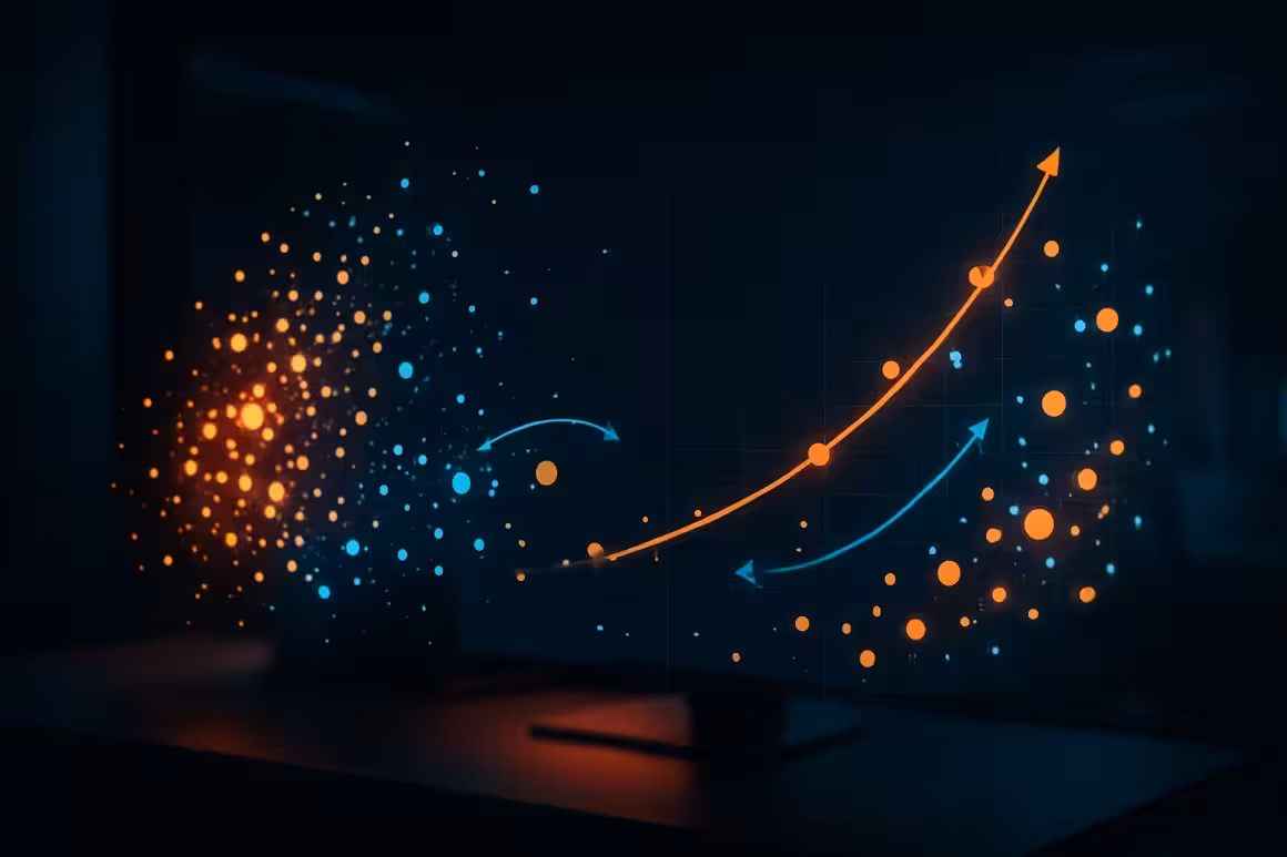 A photorealistic widescreen image of glowing orange and blue holographic data clusters and rising predictive curves, symbolizing Residual Trades analysis and Quant Model in options markets.