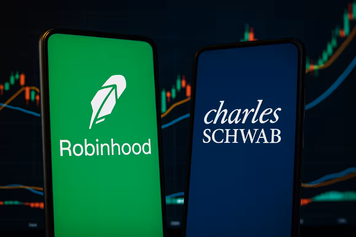 Photorealistic image comparing Robinhood vs. Charles Schwab, showing smartphone screens with their logos and a financial chart backdrop symbolizing online trading platforms.