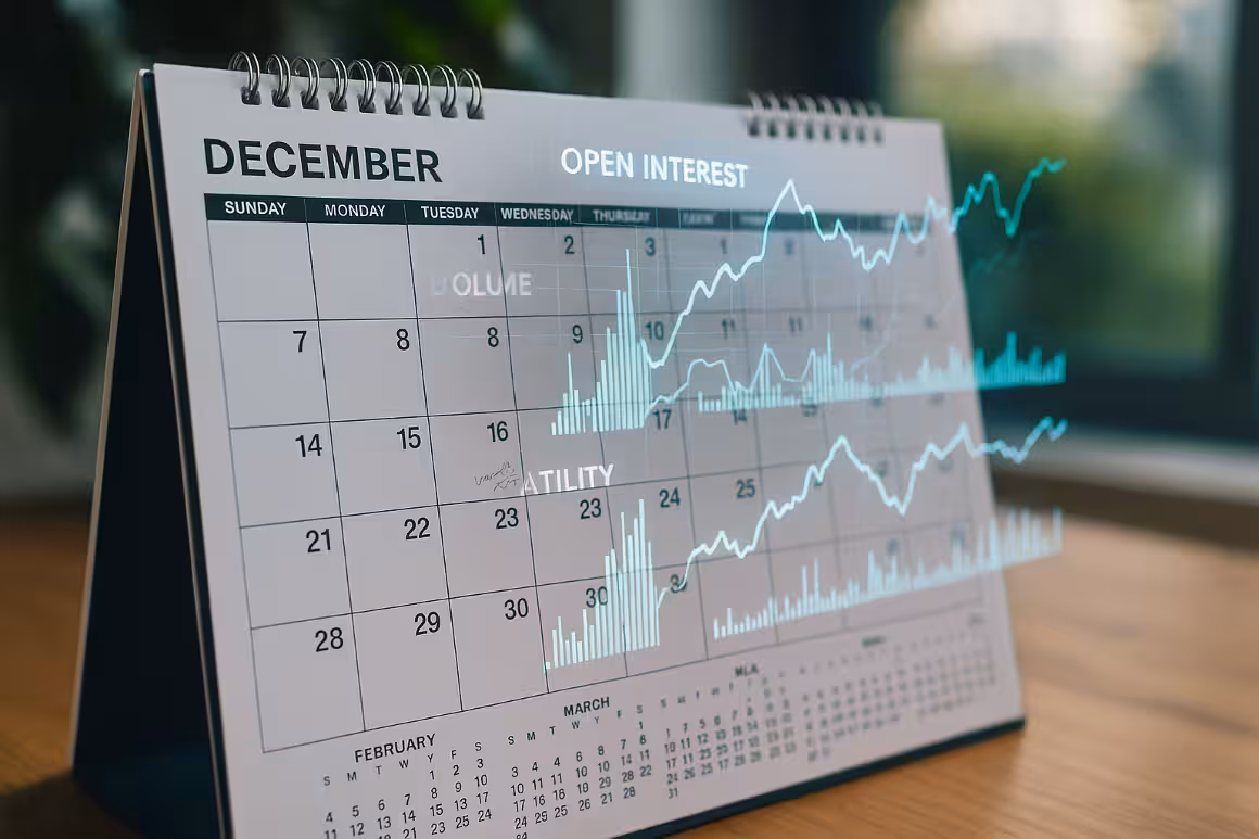 Photorealistic image of a wall calendar beside a computer screen displaying stock charts, representing seasonal patterns in options trading - Seasonal Options Playbook