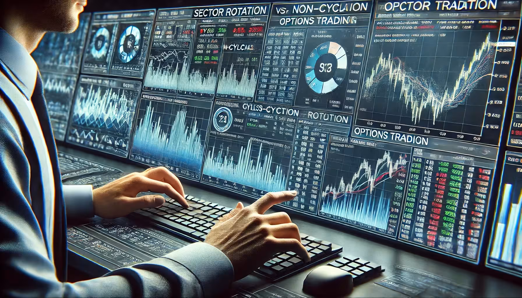 Trader analyzing sector rotation and options on high-tech screens showing charts, economic sectors, and risk data in a blue-green color scheme.