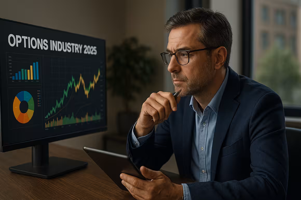 A photorealistic widescreen image of a market professional analyzing options market charts on a large monitor in a modern office, representing trends shaping the options industry in 2025.