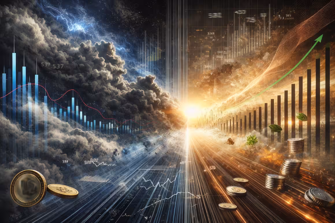 Split image showing bear and bull stock market conditions with storm clouds, rising charts, and financial growth indicators.