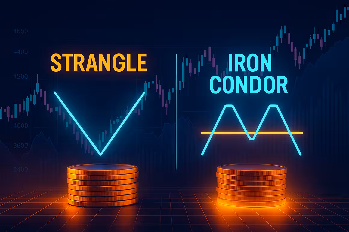 Eye-catching photorealistic image of Strangle vs. Iron Condor with contrasting payoff charts split by lightning, symbolizing strategy choices in uncertain markets.