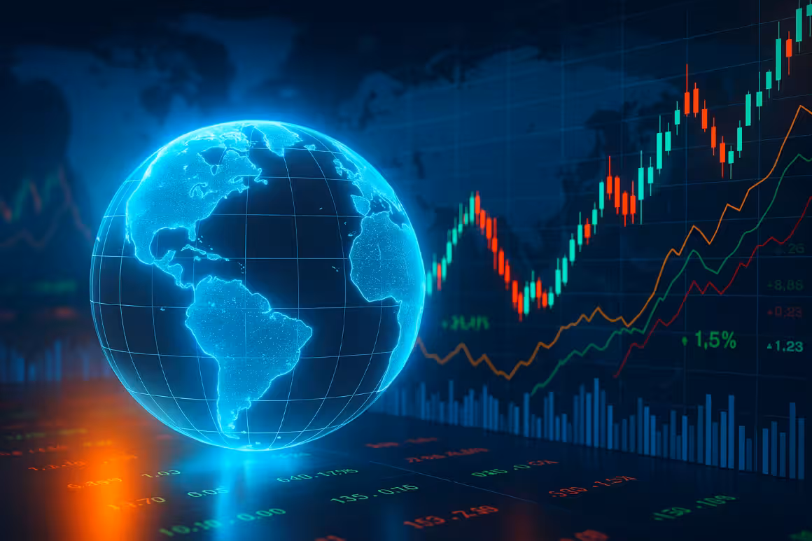 Photorealistic image of a glowing digital globe in front of colorful stock and index charts, symbolizing international index options and global markets.