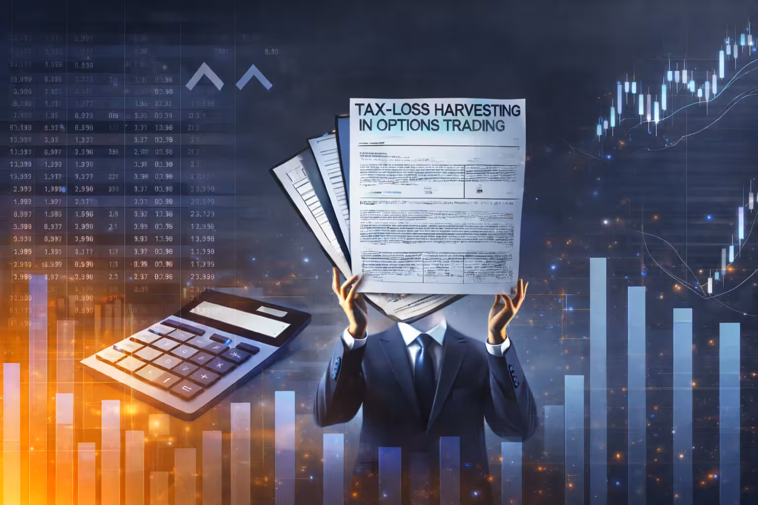 Illustration of tax-loss harvesting in options trading showing a business professional holding financial documents, with calculator, stock charts, and bar graphs symbolizing capital gains offset and tax reduction strategy.