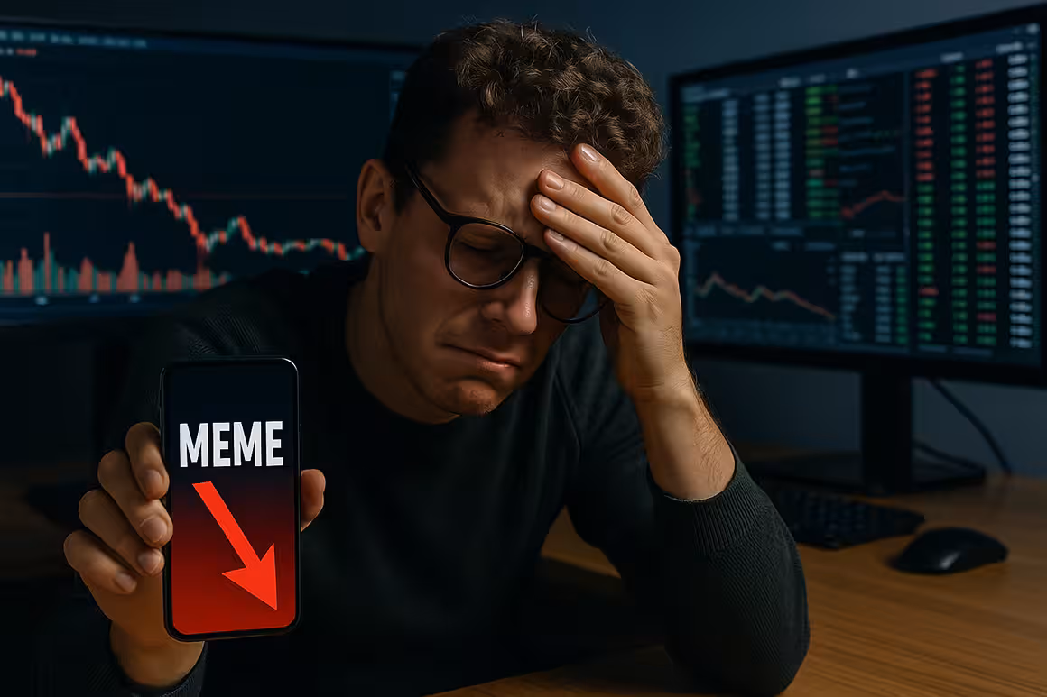Frustrated trader holding a smartphone showing 'MEME' with a red downward arrow, surrounded by trading screens displaying losses in meme stock options.