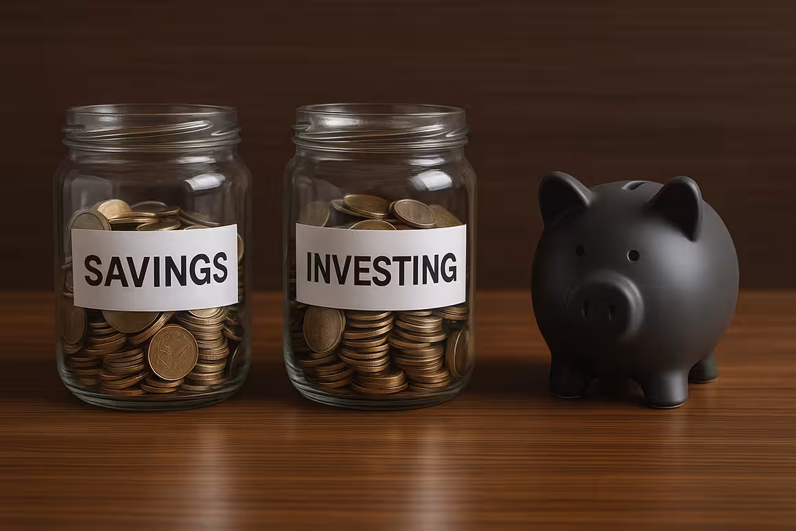 Two labeled jars—Saving and Investing—filled with coins, placed beside a matte black piggy bank on a polished wood desk with a dark office background.