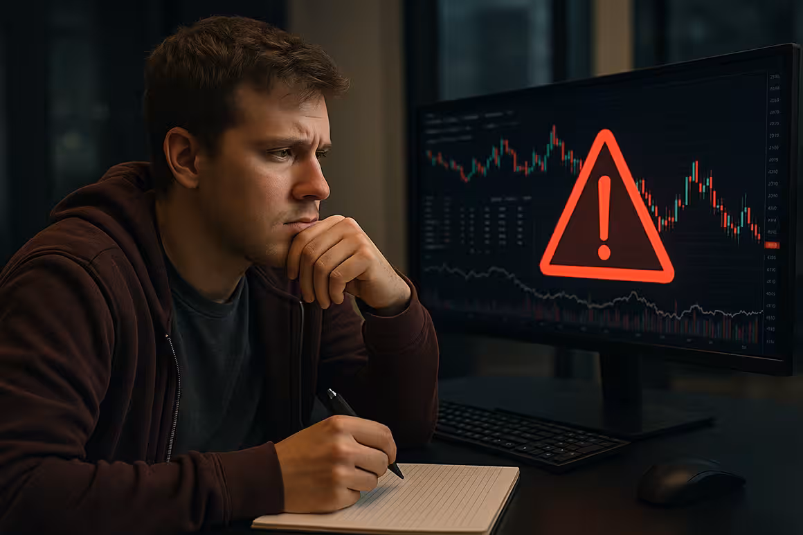 "Photorealistic image of a young new trader looking concerned while analyzing financial charts on a computer, symbolizing the hidden costs of cheap options.