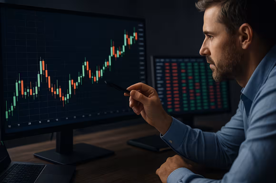 A trader in a modern office analyzes candlestick setups on large monitors displaying red and green candlestick charts. The glowing price patterns highlight market trends and reversals, capturing the precision and intensity of options trading analysis.