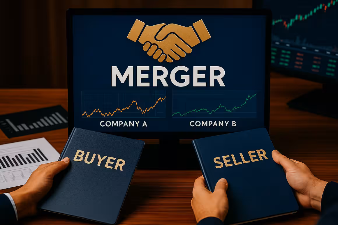 Photorealistic image of hands holding ‘Buyer’ and ‘Seller’ folders in front of a monitor showing a merger graphic with charts for Company A and Company B.