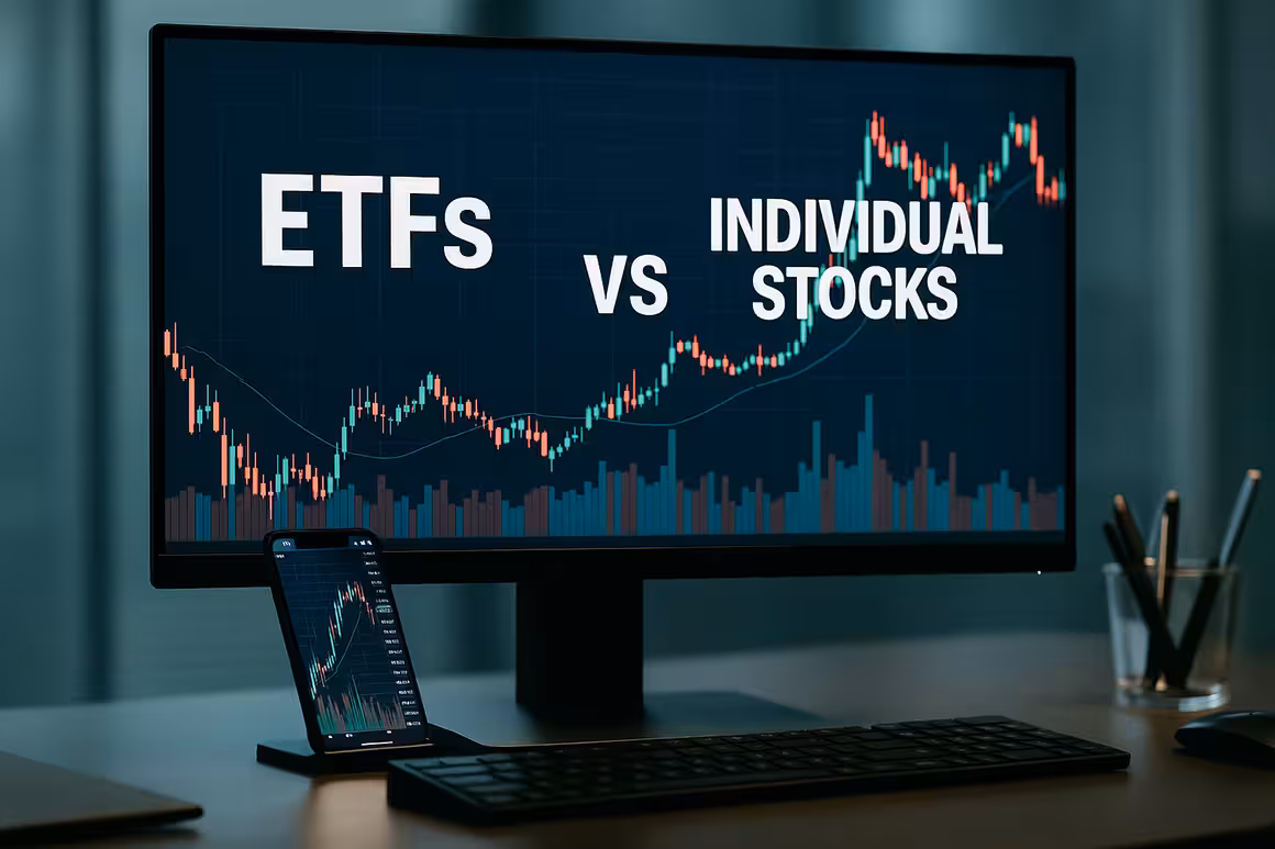 Financial workspace with monitor displaying ETFs vs. Individual Stocks comparison chart, symbolizing key differences in options trading strategies.