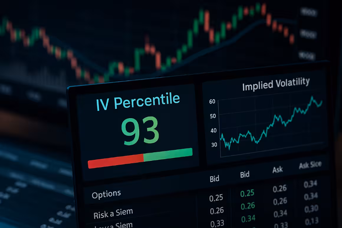 Photorealistic image of a financial trading screen displaying IV Percentile and implied volatility charts, representing option market volatility levels.