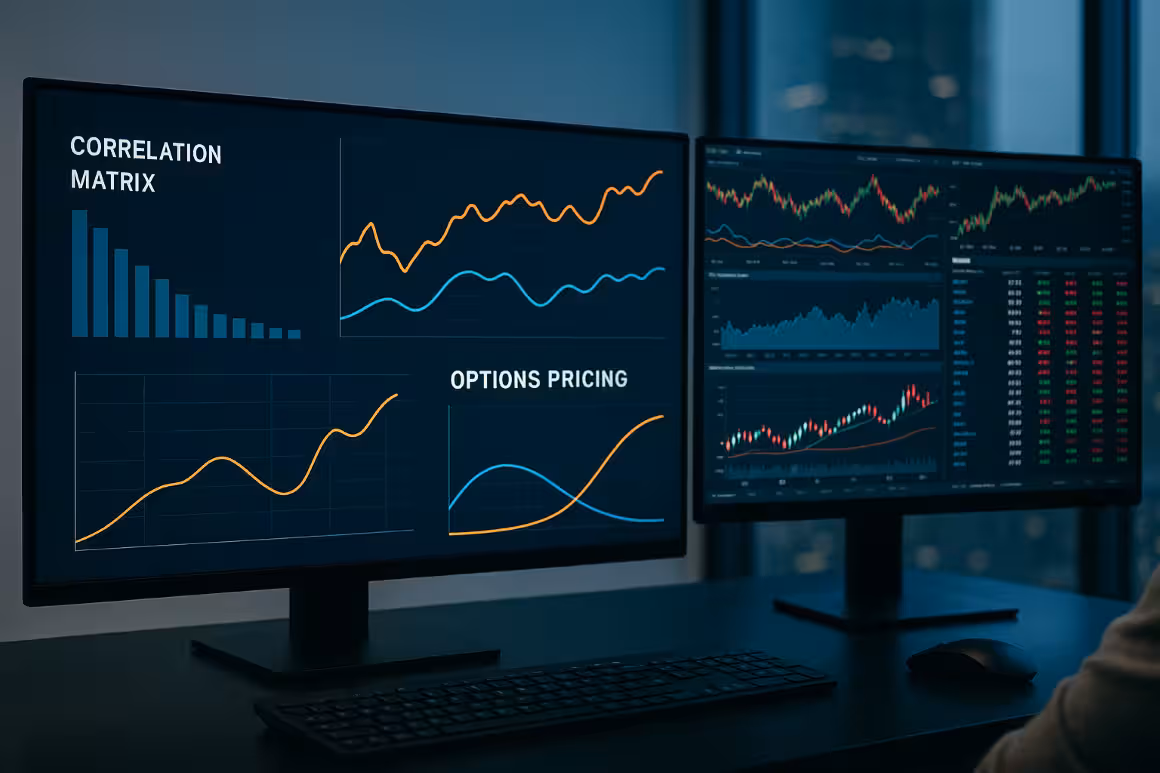 A photorealistic widescreen trading desk with multiple monitors displaying correlation matrices, volatility curves, and options pricing charts in a modern office overlooking a city skyline.