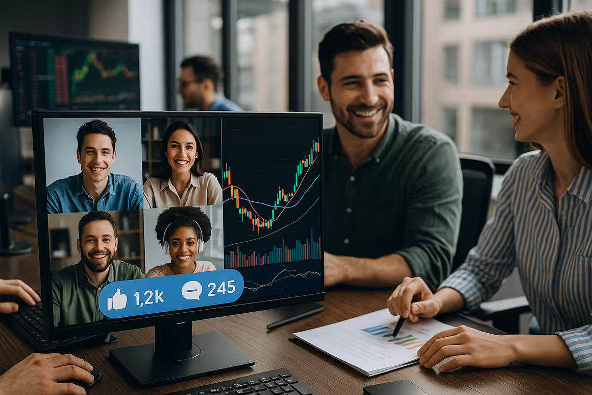 Photorealistic widescreen image of traders in a modern workspace, connected through glowing digital screens, financial charts, and community chatrooms, representing the social influence in options trading.