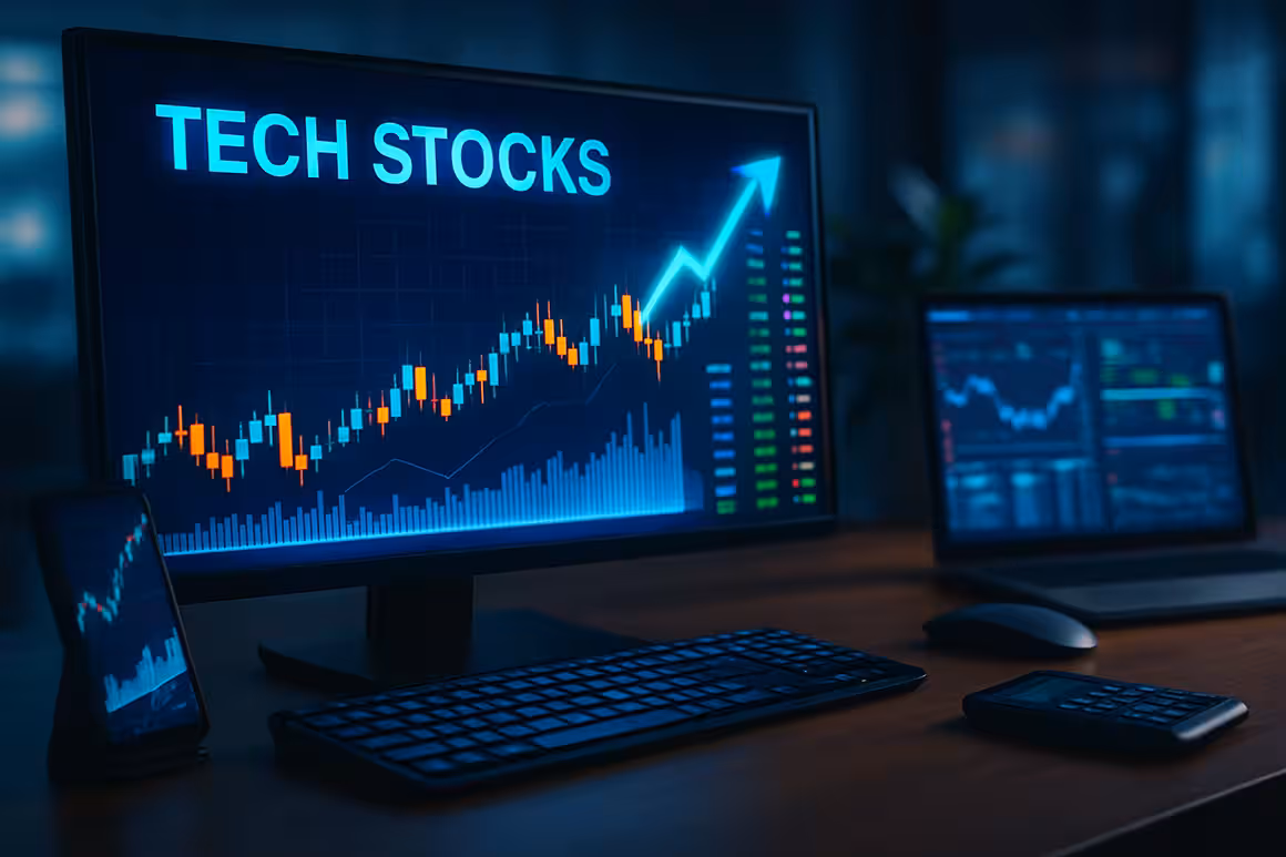High-resolution photorealistic image showing a modern trading setup with dynamic charts and financial data focused on tech stocks for options trading.