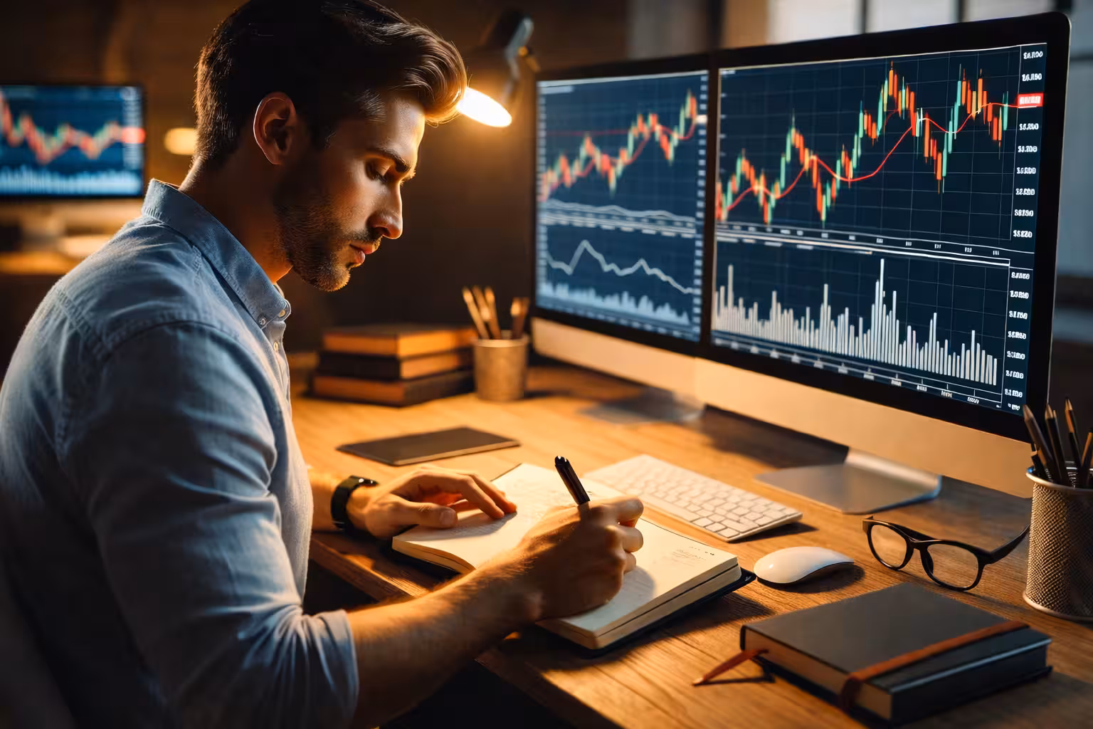 Trader recording notes in an options trading journal while analyzing stock charts and market data on computer monitors.