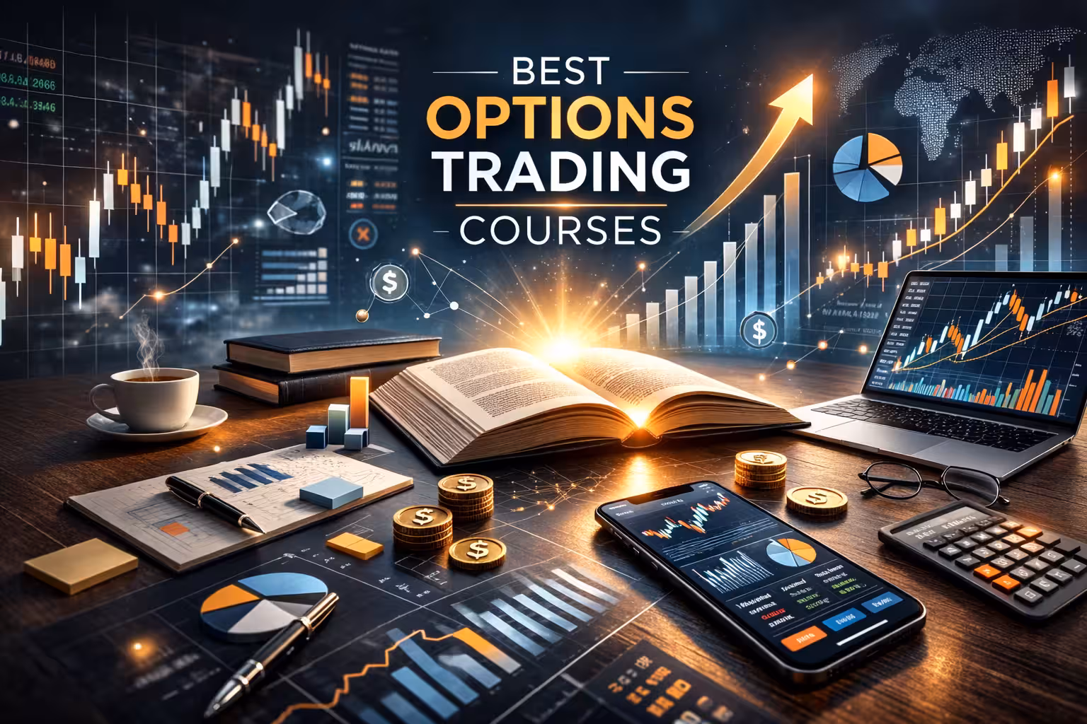 Best options trading courses concept with open book, stock market charts, and financial trading screens in a modern digital setup.