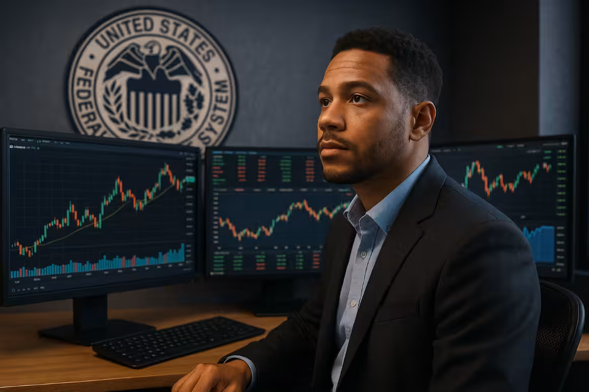 Photorealistic image of a mixed-race male trader analyzing market data on multiple monitors with the Federal Reserve emblem in the background, symbolizing trading the Fed with options.