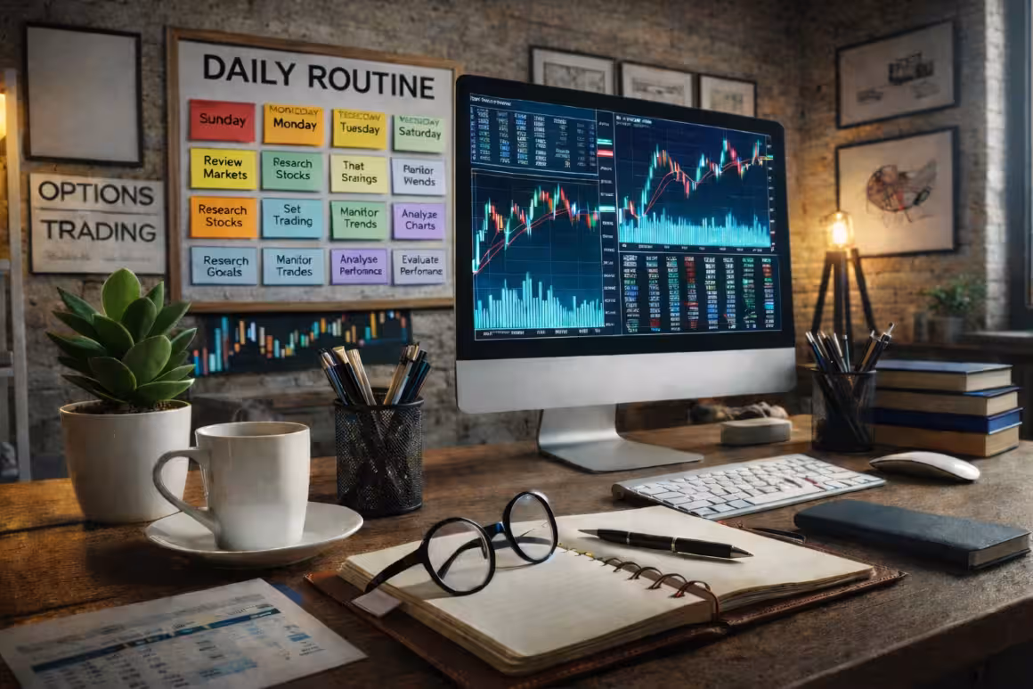 Home trading desk with computer showing stock charts and a daily routine board on a brick wall.