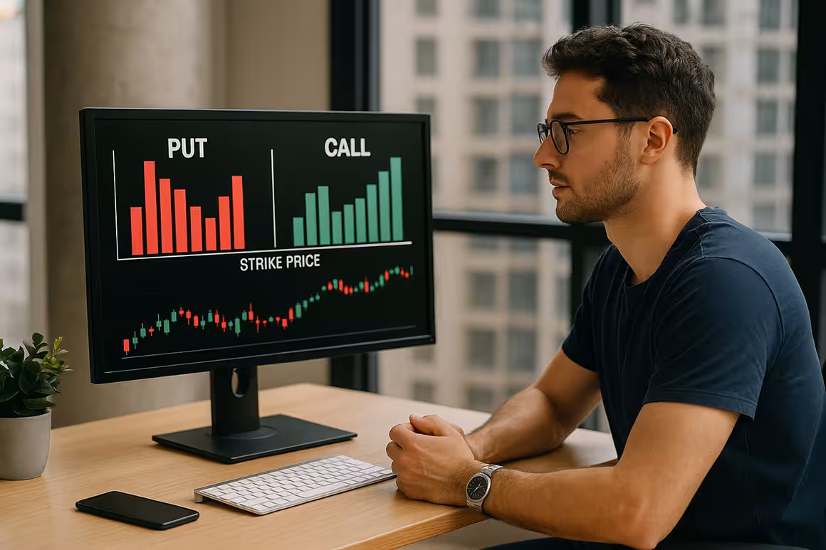 Photorealistic widescreen image of a casually dressed young trader analyzing put-call parity on a laptop in a modern home office, with balanced option charts visible on screen