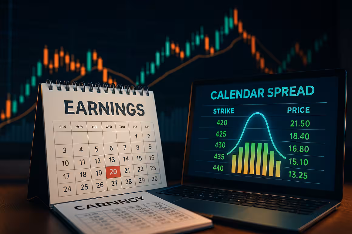 Photorealistic image showing an earnings calendar and a laptop with a calendar spread chart, representing how traders use options strategies to capitalize on quarterly earnings reports.