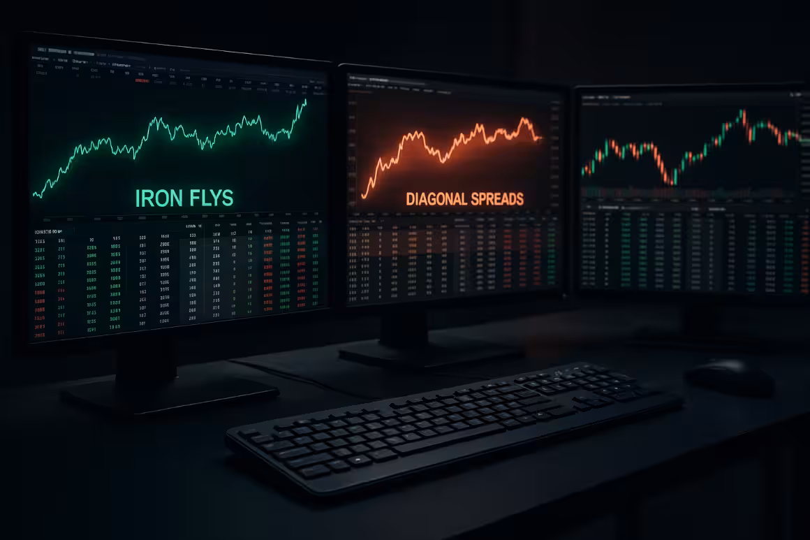 Photorealistic image of a trading workstation with multiple monitors displaying financial charts, volatility curves, and options spreads, representing Iron Flys and Diagonal Spreads strategies during earnings season.