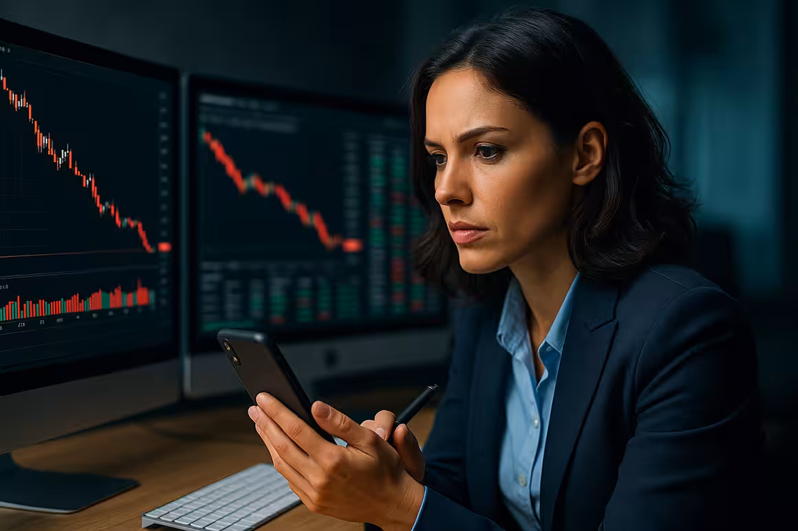 Female trader analyzing charts and phone, focused on using options to short the market.
