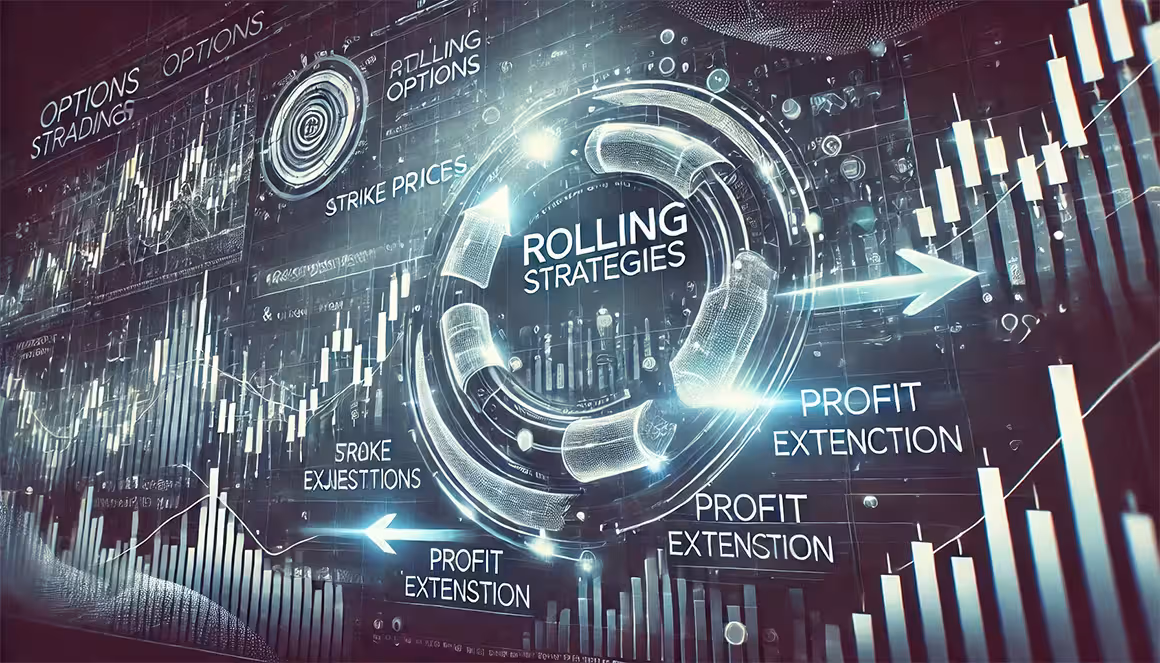 Futuristic digital interface with graphs, charts, and arrows illustrating options trading strategies, rolling strategies, and profit extension concepts.