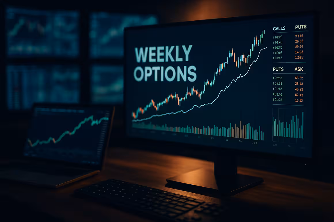 Photorealistic image of a modern trading setup with a widescreen monitor displaying weekly options data, tactical spreads, and financial charts for fast-paced markets.