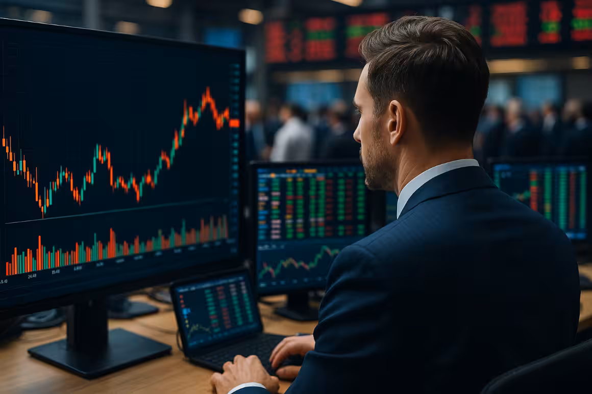 Photorealistic scene of a trader on a busy financial floor analyzing stock charts and data on multiple screens, symbolizing high-stakes activity on Expiration Friday.