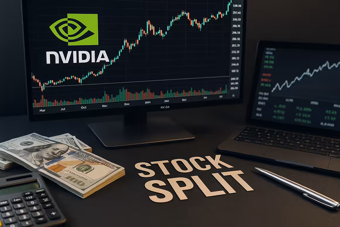 Photorealistic image showing Nvidia stock split analysis with financial charts, stock performance data, and trading tools on a widescreen monitor.