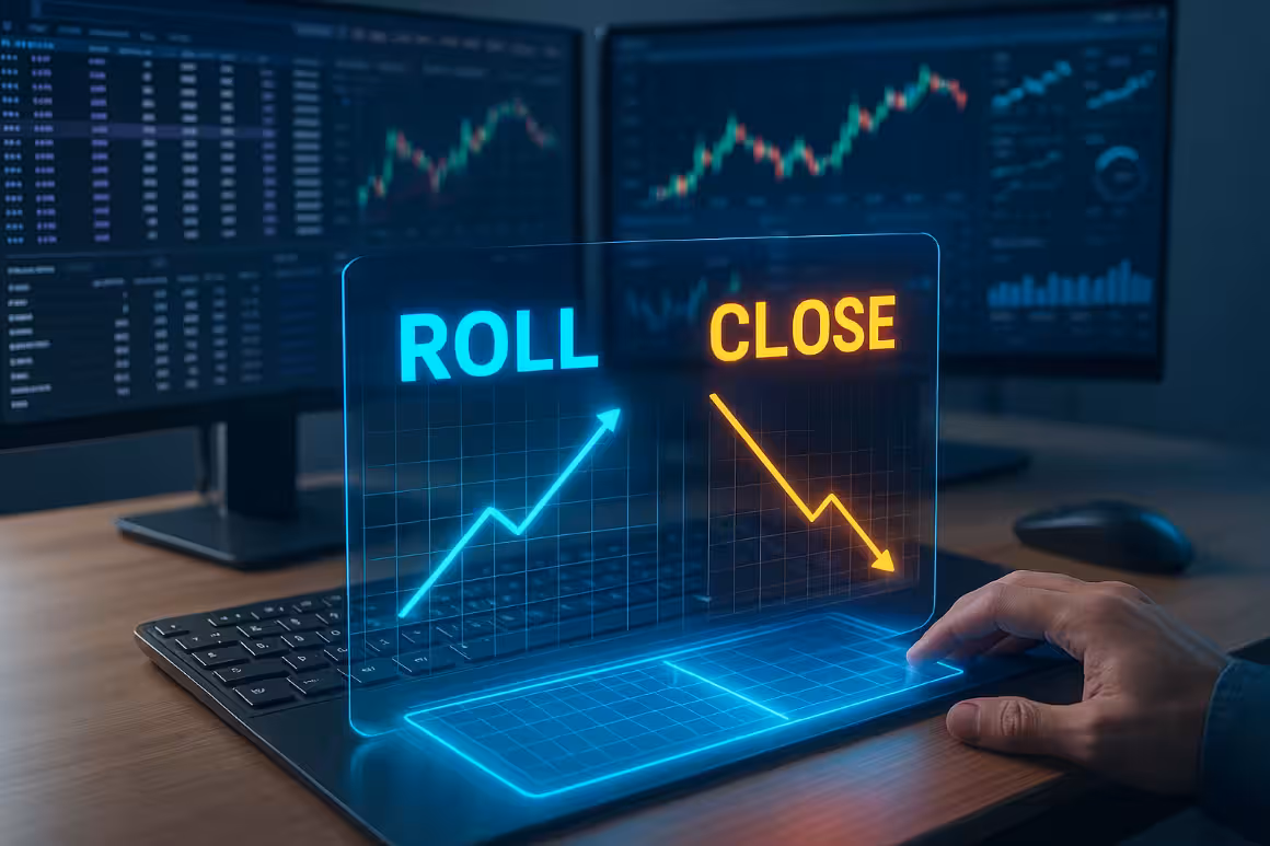 Roll vs. Close – A modern trading setup with holographic financial charts and options data projected in the air, symbolizing futuristic decision-making.