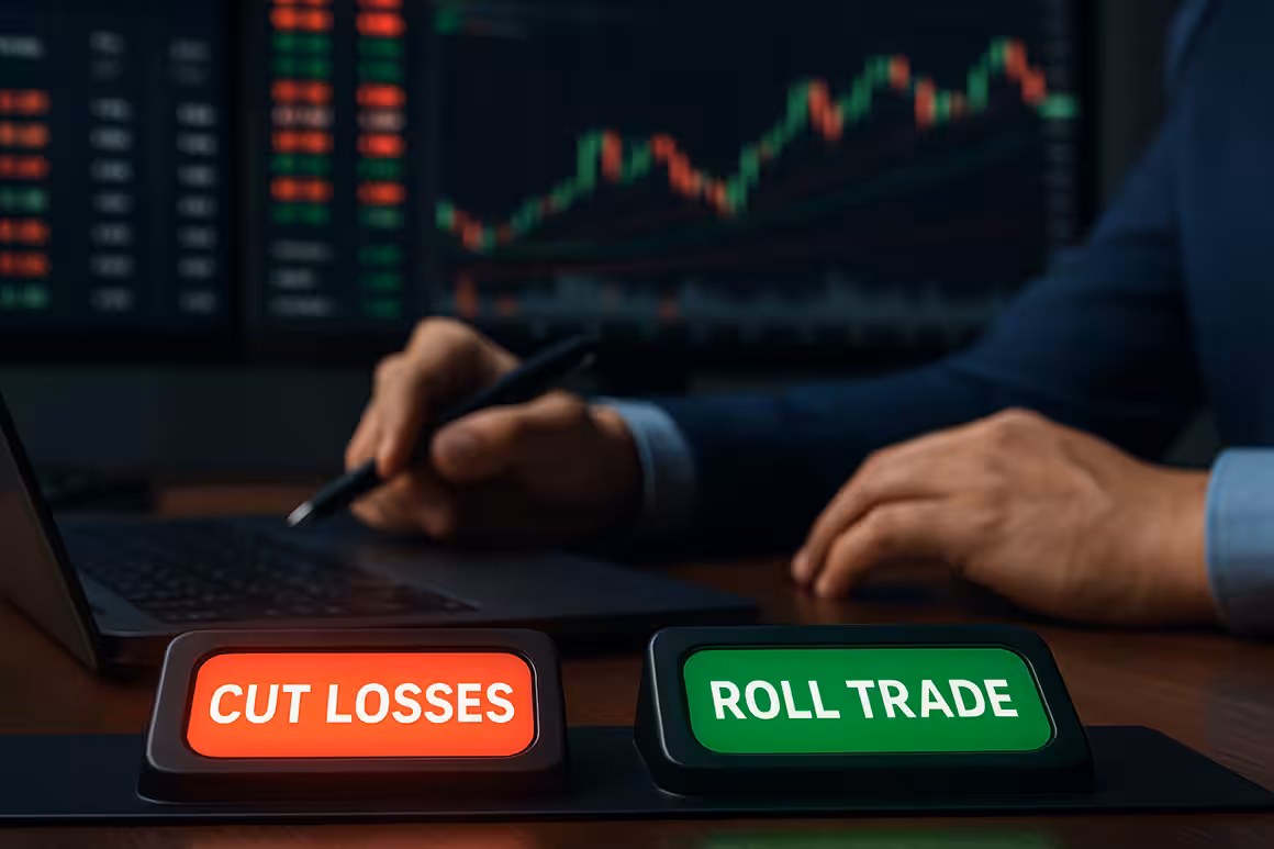 Photorealistic scene of a financial trading desk with charts and a stressed trader, symbolizing rolling losing trades vs. cutting losses.