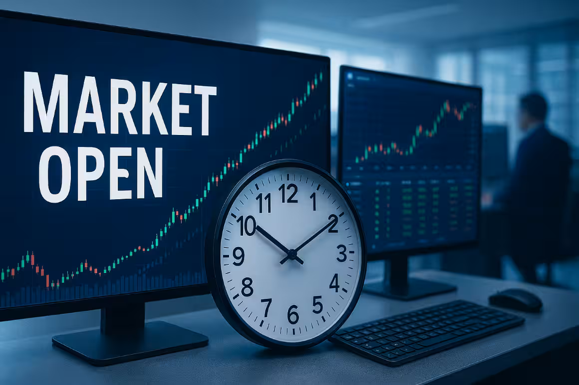 A modern trading desk at market open with dual monitors displaying glowing candlestick charts and real-time stock data. A sleek round analog clock shows 9:30 AM EST in the foreground, while a trader is slightly blurred in the background near large windows, capturing the energetic atmosphere of the market opening.