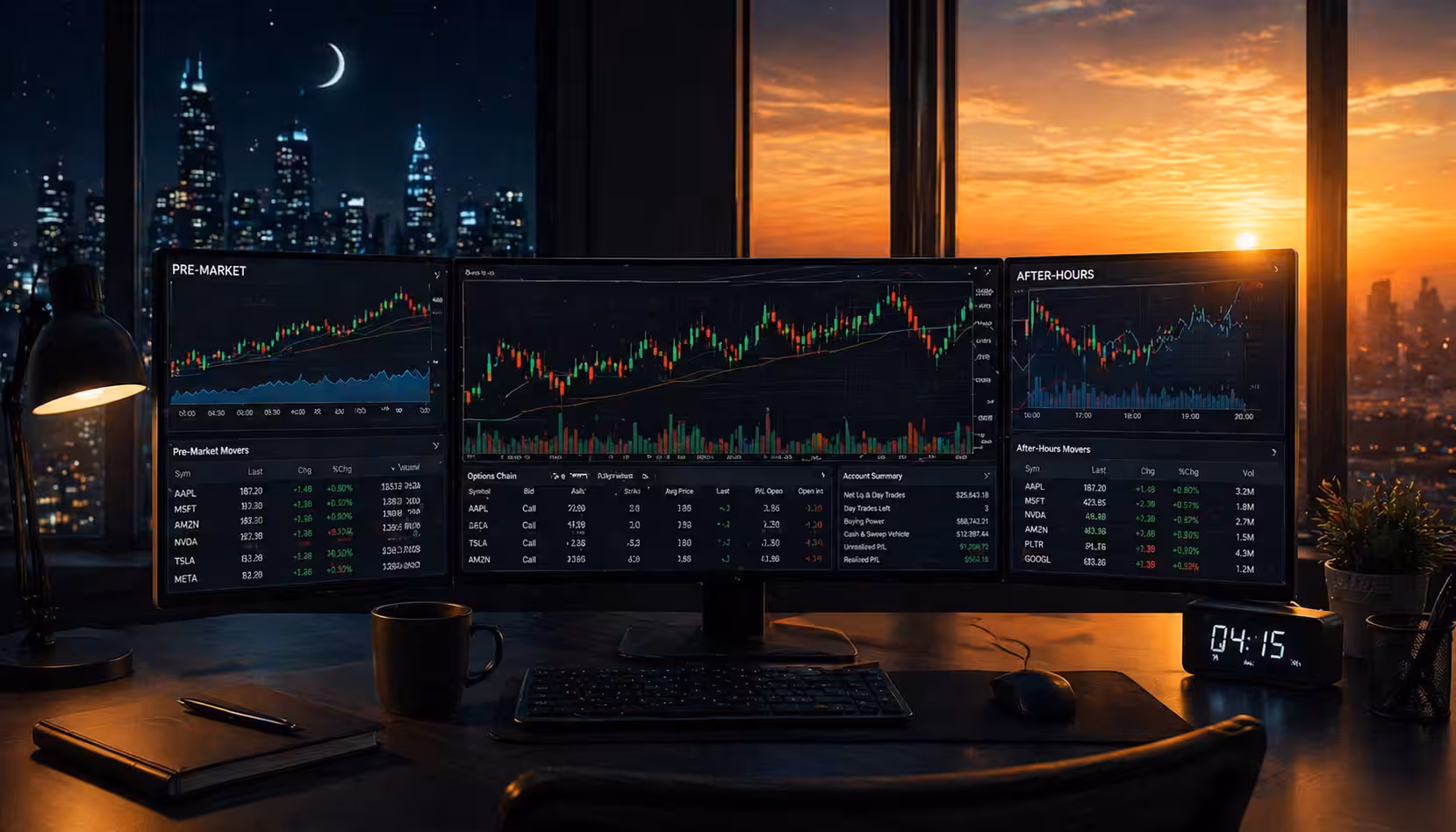 Trading workstation showing pre-market and after-hours charts on multiple screens with night and sunrise city views representing extended-hours options trading.