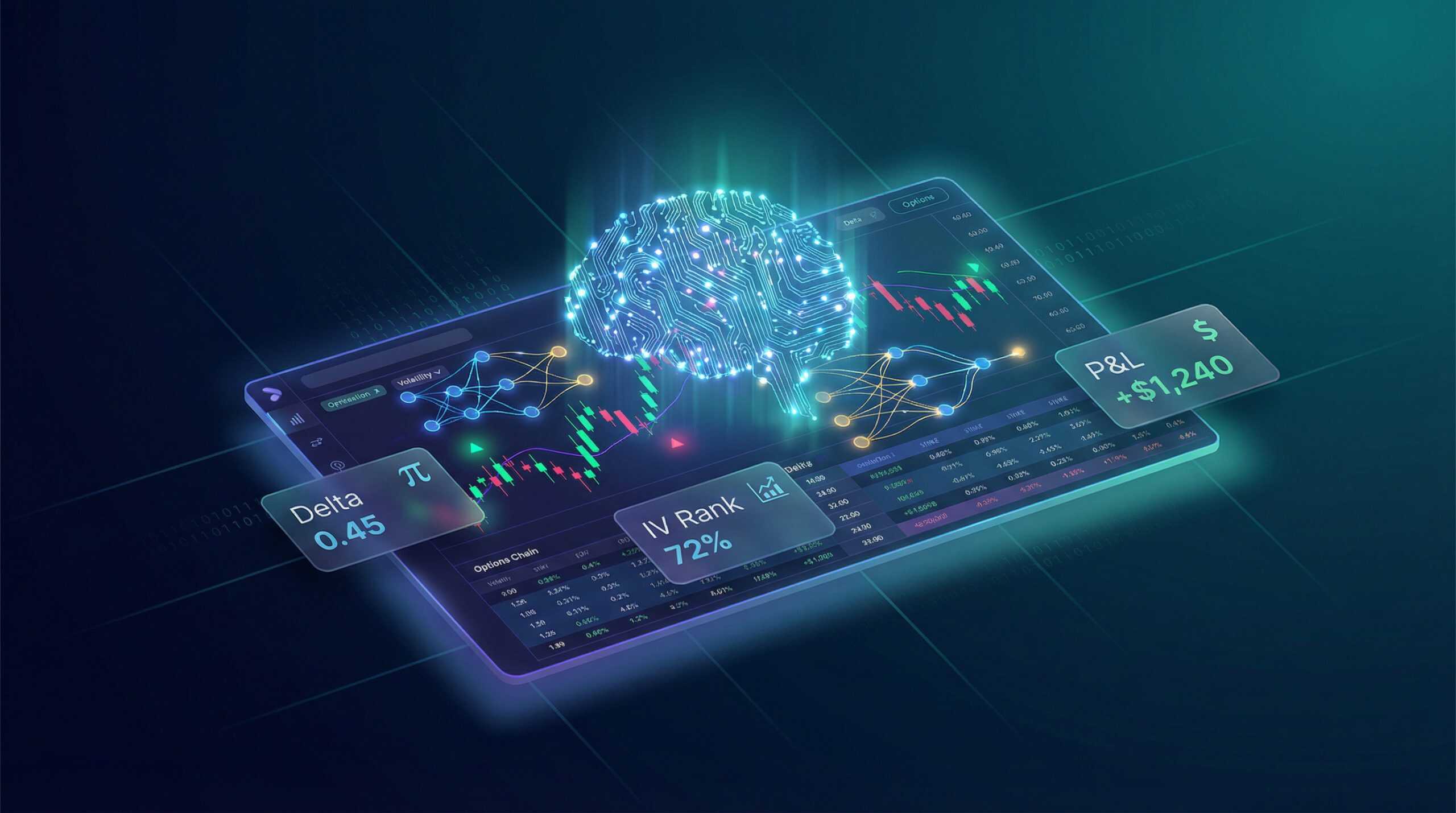 AI-powered trading dashboard with options chain data, neural network, and key metrics for options traders