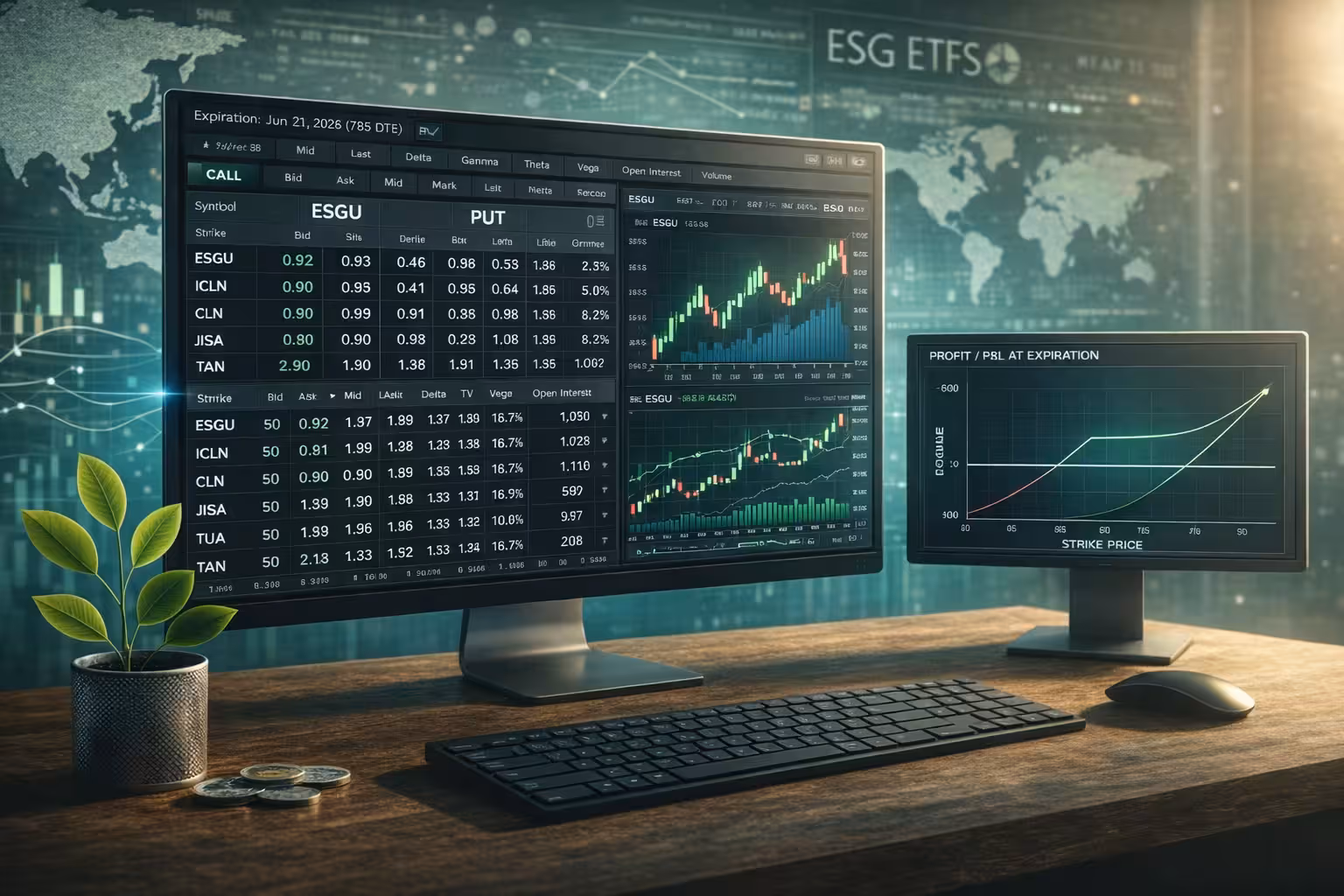 ESG ETF options trading dashboard on dual monitors showing call and put options chain with Greeks, candlestick charts, and profit/loss graph in a modern trading workspace.