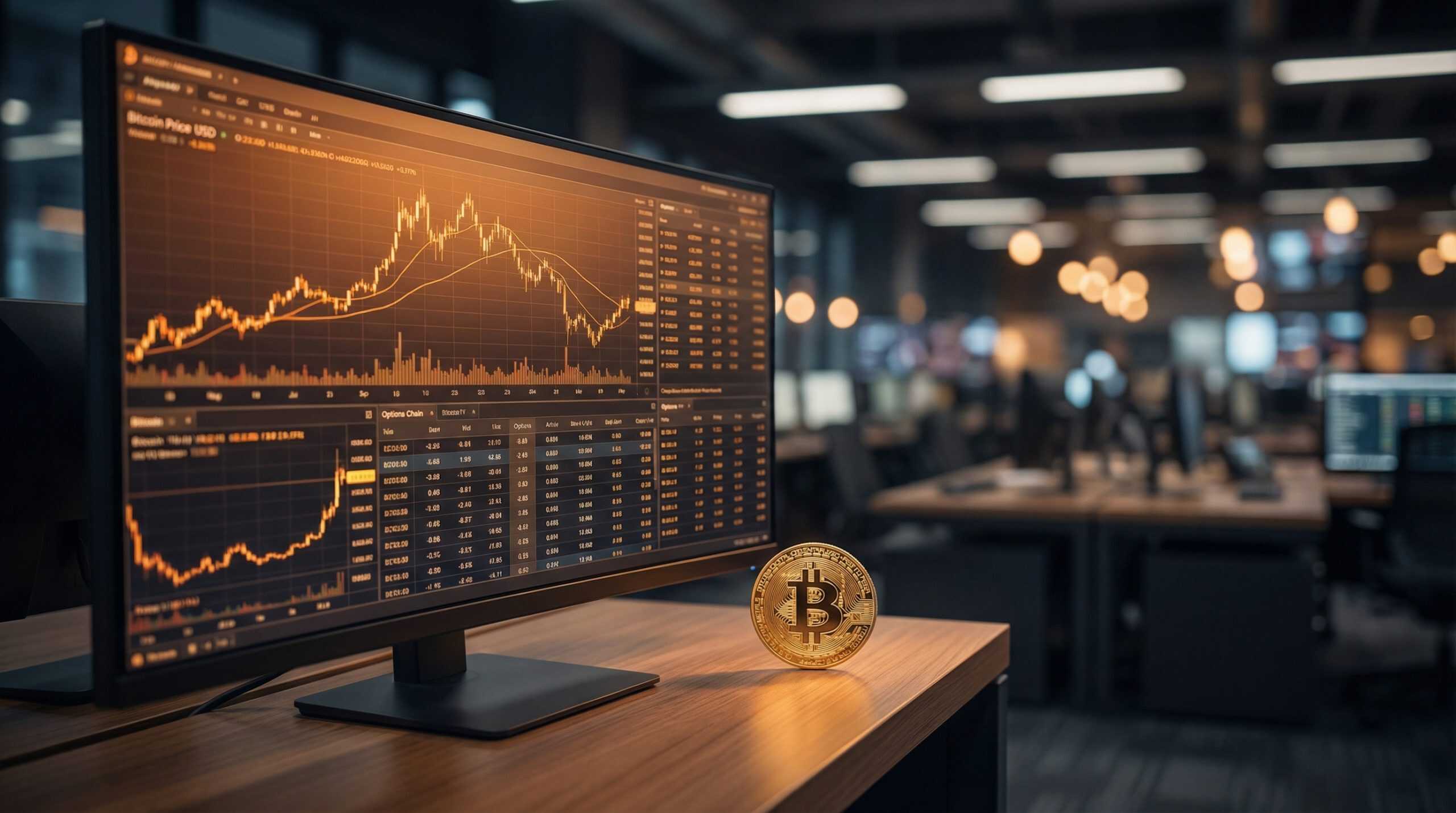 Bitcoin coin next to trading monitor showing Bitcoin ETF options chain data