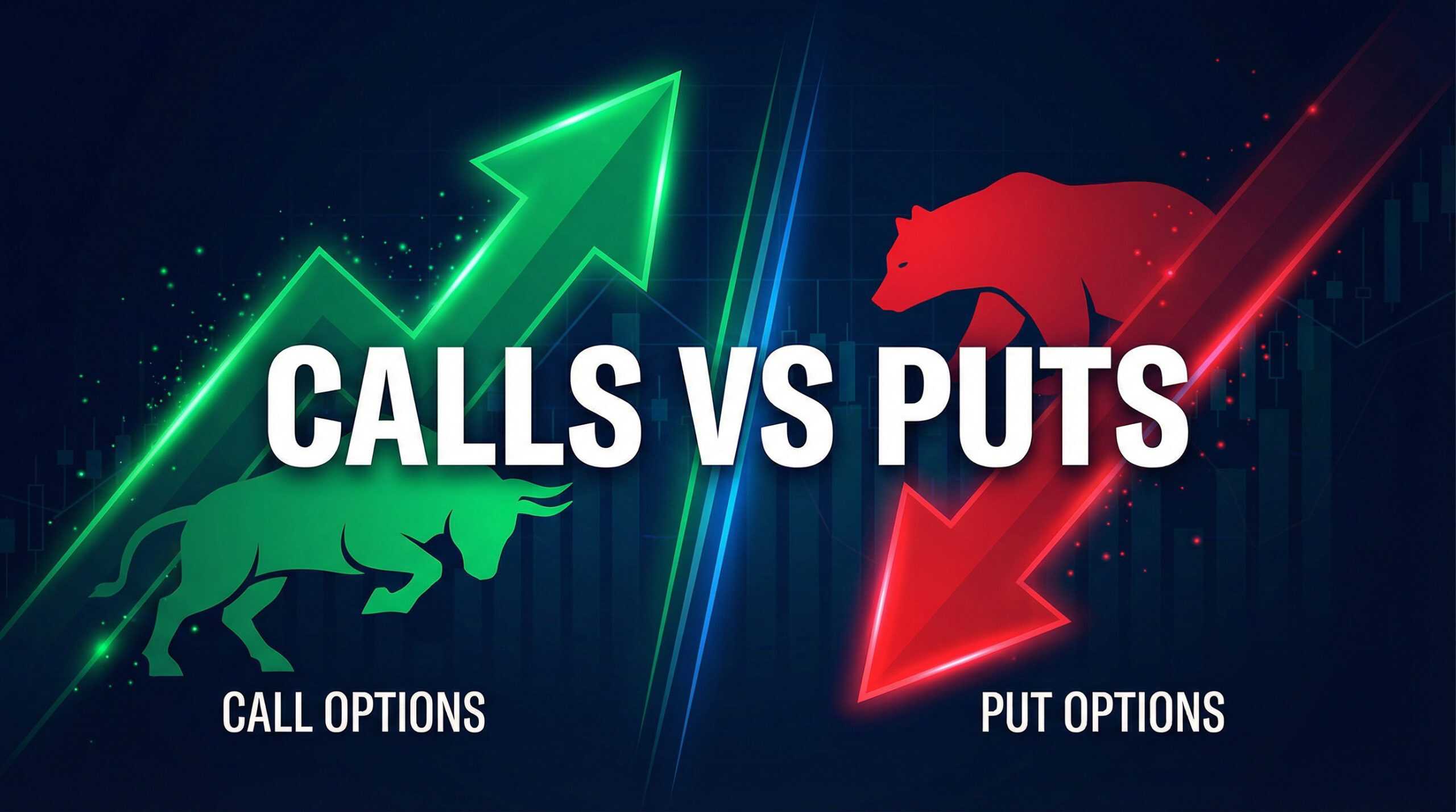 Call options vs put options comparison chart with bull and bear market arrows
