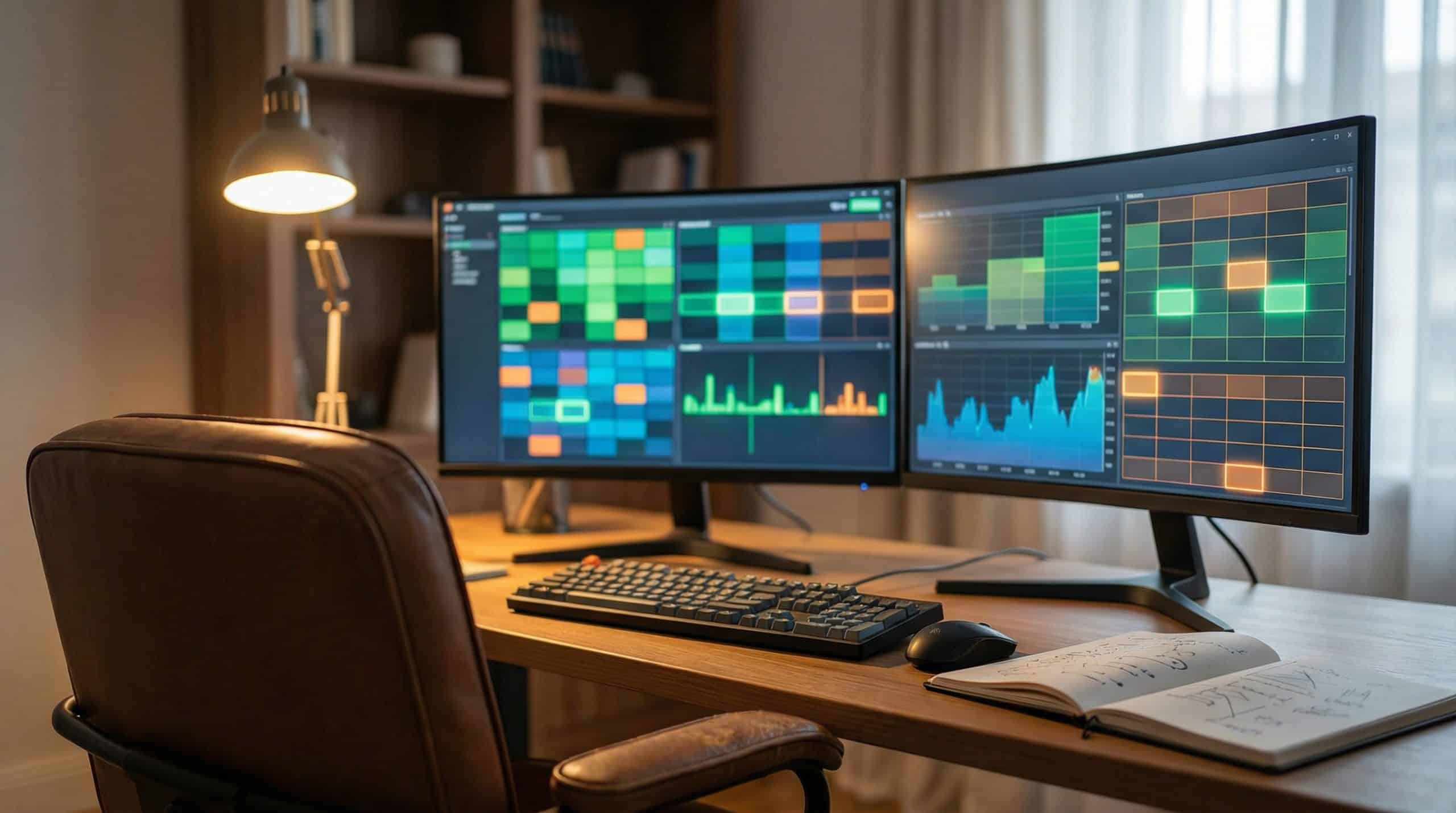 Modern trading desk with dual monitors displaying covered call options chain data and income strategy positions