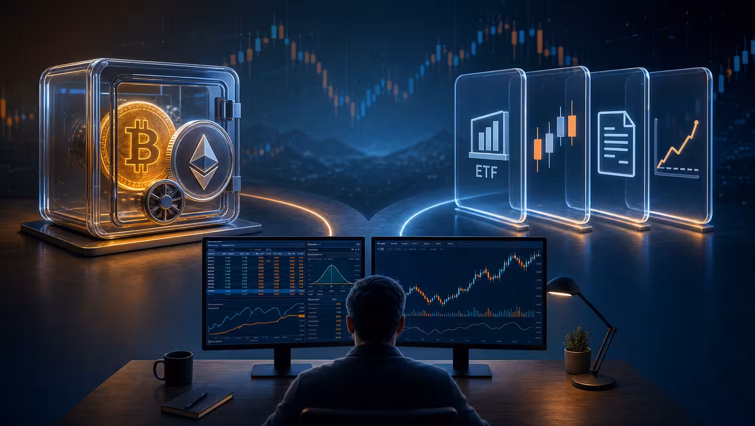 Trader reviewing crypto volatility exposure through ETP options, crypto-linked stocks, and CME futures on dual monitors.