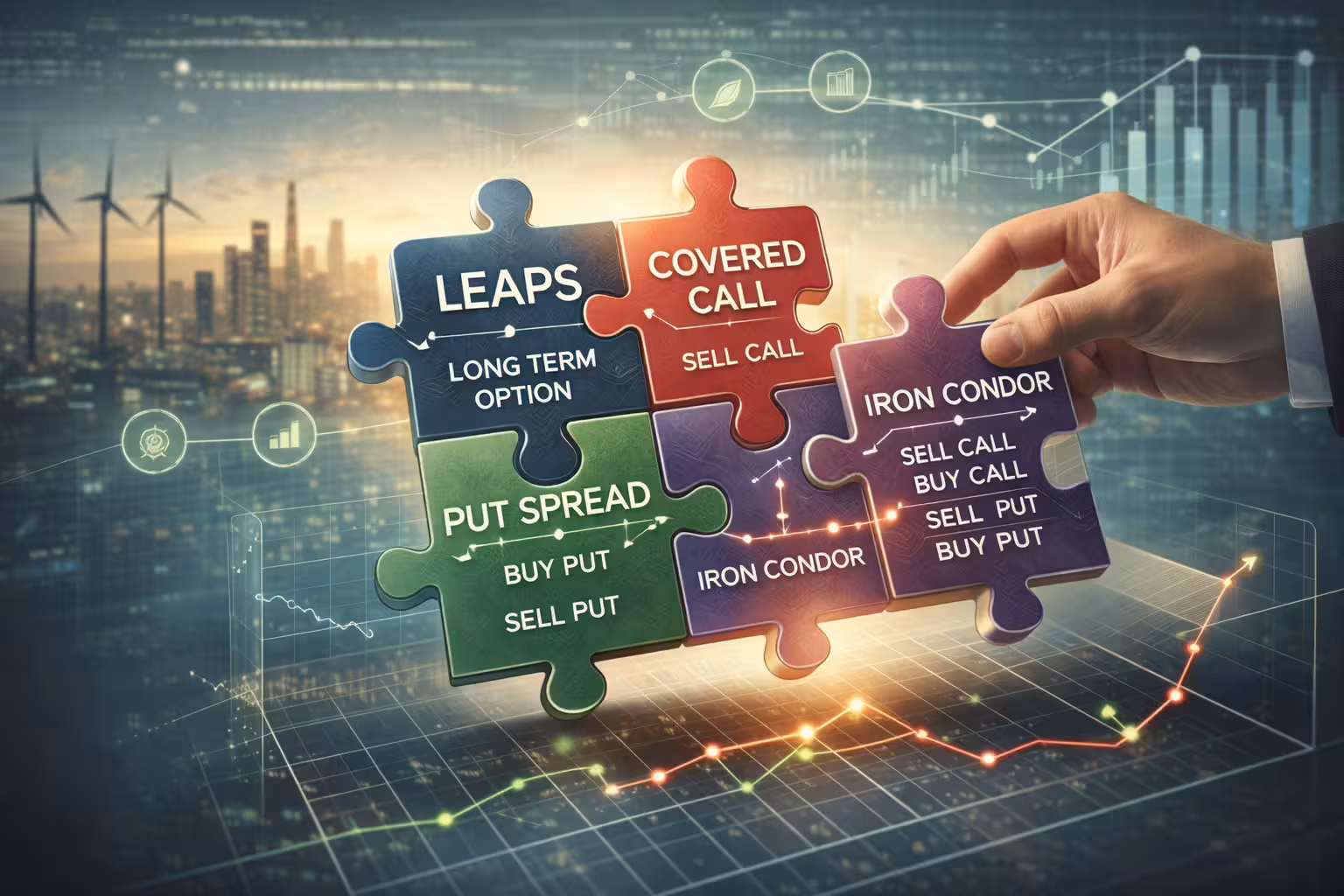 Custom options trading strategies concept showing combined techniques like covered calls, LEAPS, put spreads, and iron condor forming a unified strategy over market chart.