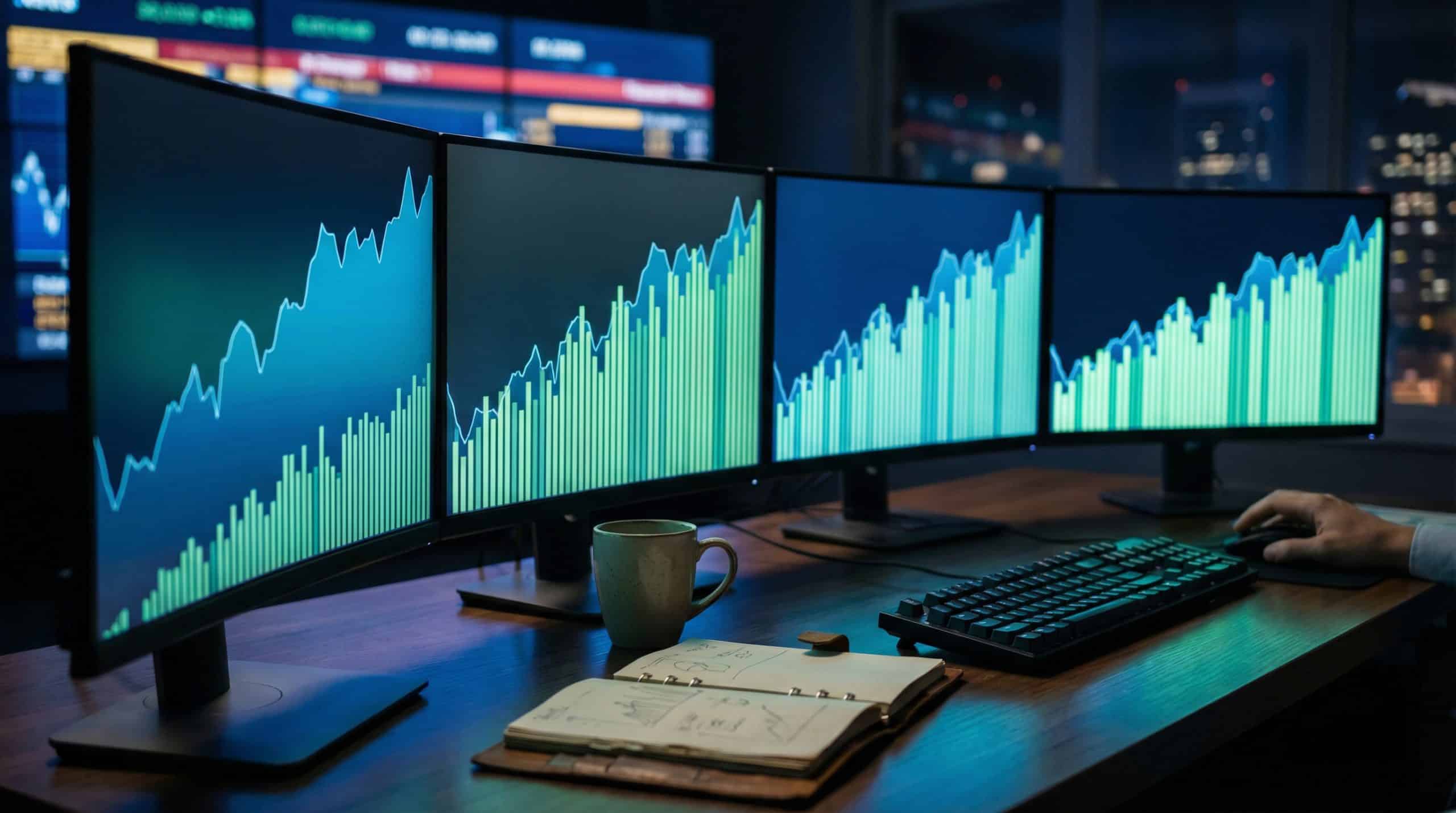 Professional trader workspace with multiple monitors showing momentum breakout charts and volume analysis