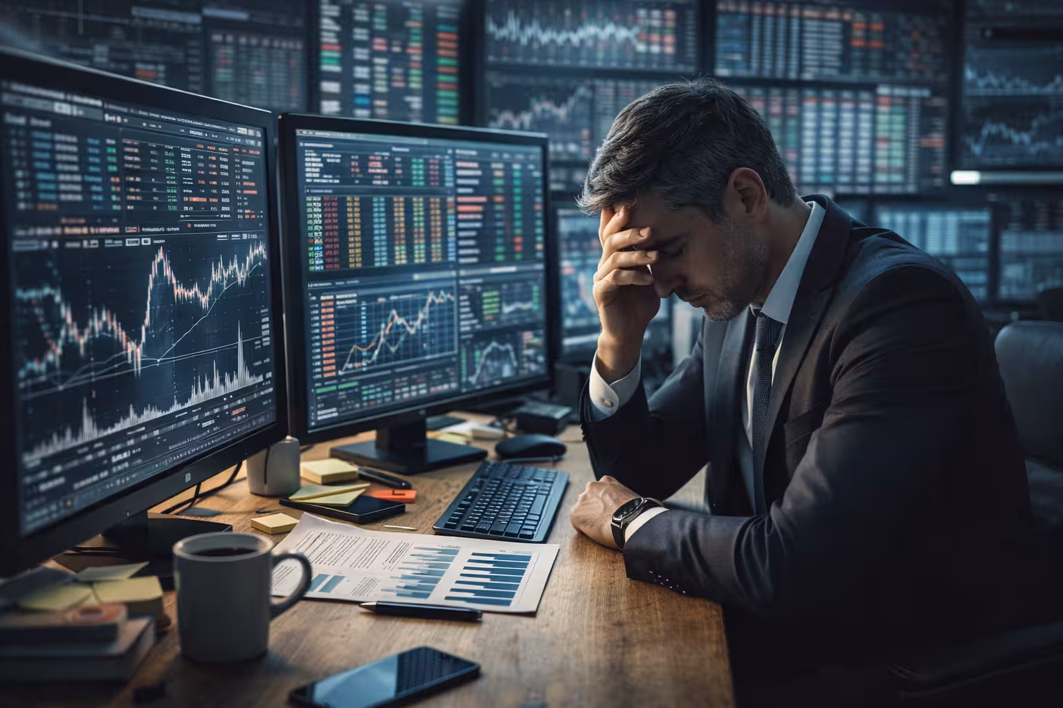 Trader experiencing decision fatigue while analyzing multiple options trading screens with high volume market data.