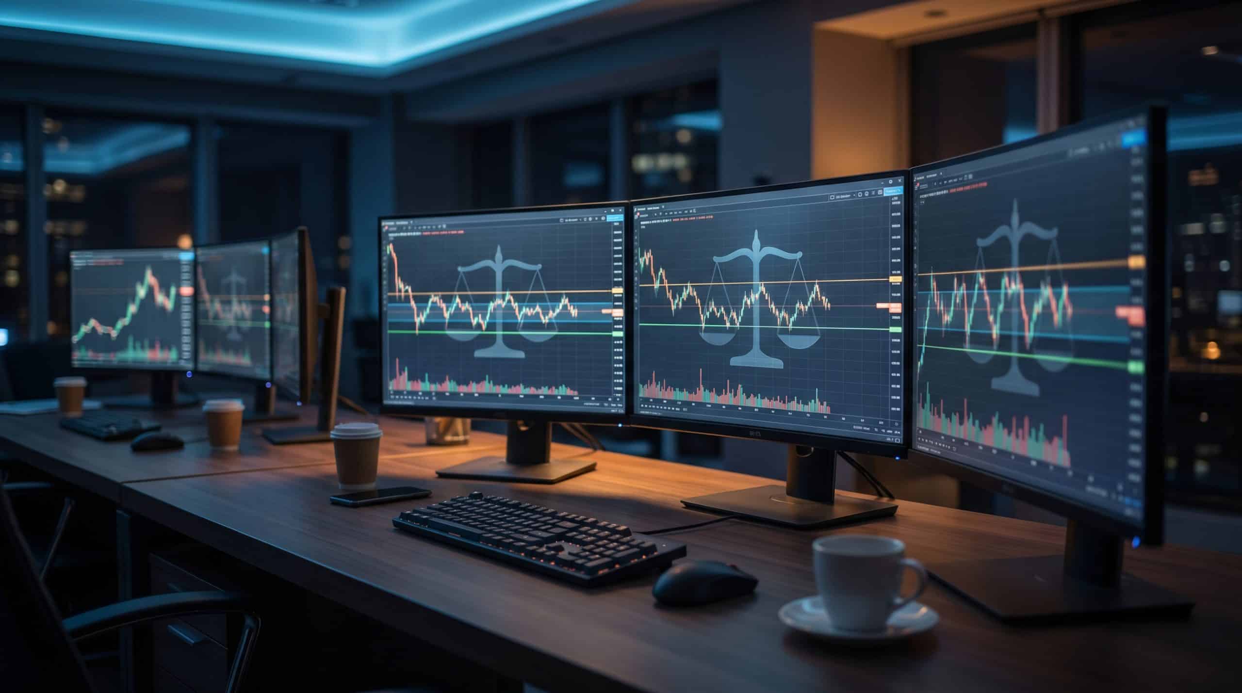 Delta-neutral strategies trading setup with monitors showing sideways market options chains